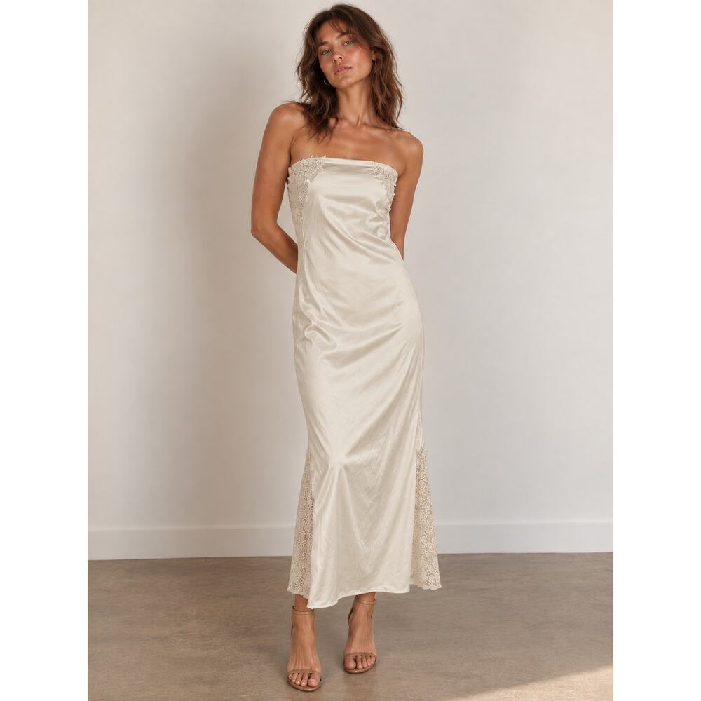 Camila Coelho Ivory Satin Lace Strapless Maxi Dress Bridal Wedding Cocktail S